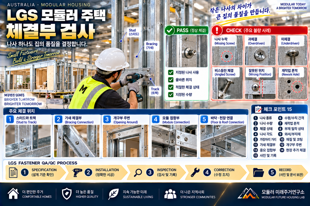LGS 모듈러 주택 나사 하나도 중요한 이유: 체결부 불량 15가지와 검사법 1 LGS 모듈러 주택 체결부 Fastener 나사 불량 공장 QA QC 검사