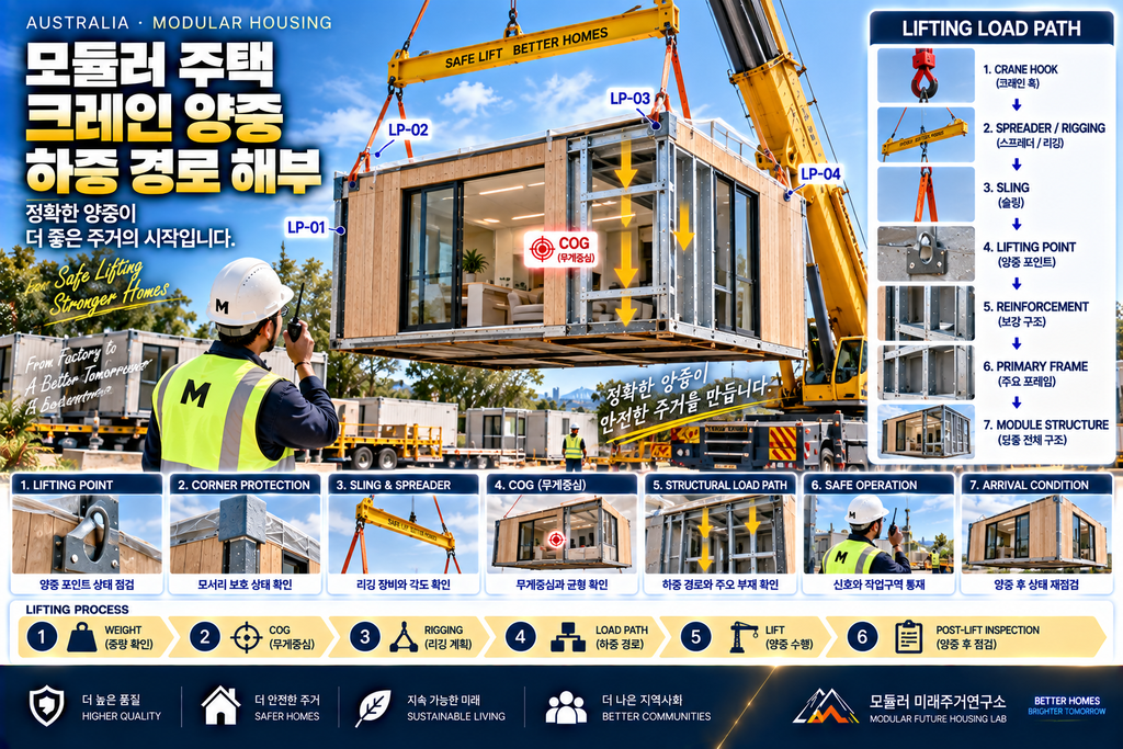 모듈러 주택을 크레인으로 들 때 건물에는 무슨 일이 생길까? Lifting Point 하중 경로 해부 1 모듈러 주택 크레인 양중 Lifting Point Load Path COG LGS 프레임 검사