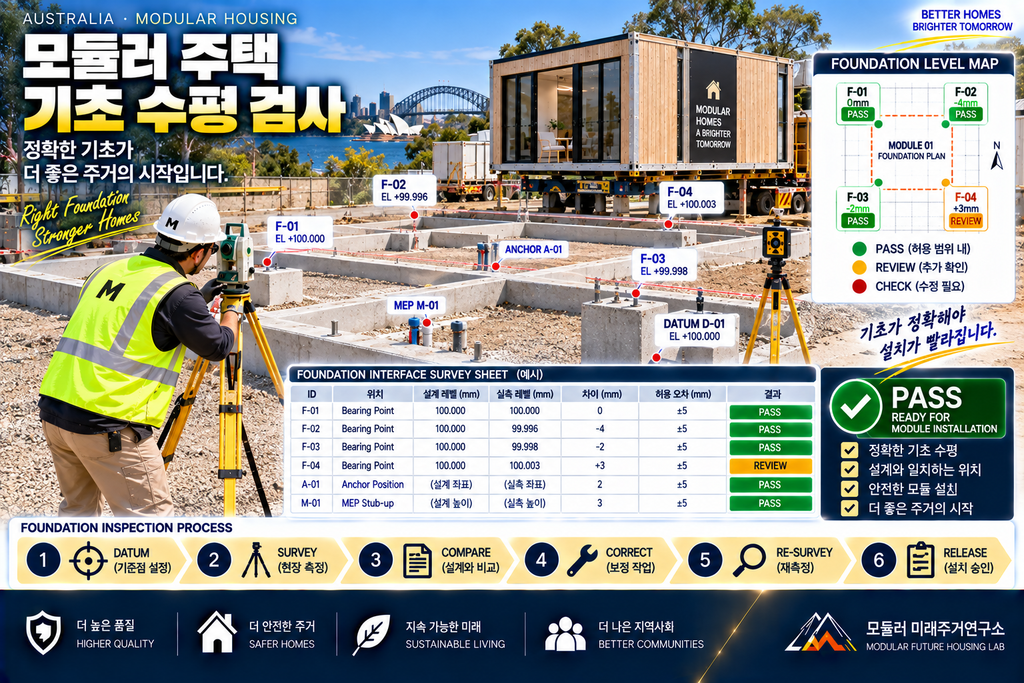 모듈러 주택 기초가 10mm만 달라도 생기는 문제: 현장 Foundation Interface 검사법 1 모듈러 주택 기초 수평 Foundation Interface Datum Bearing Anchor Survey 검사