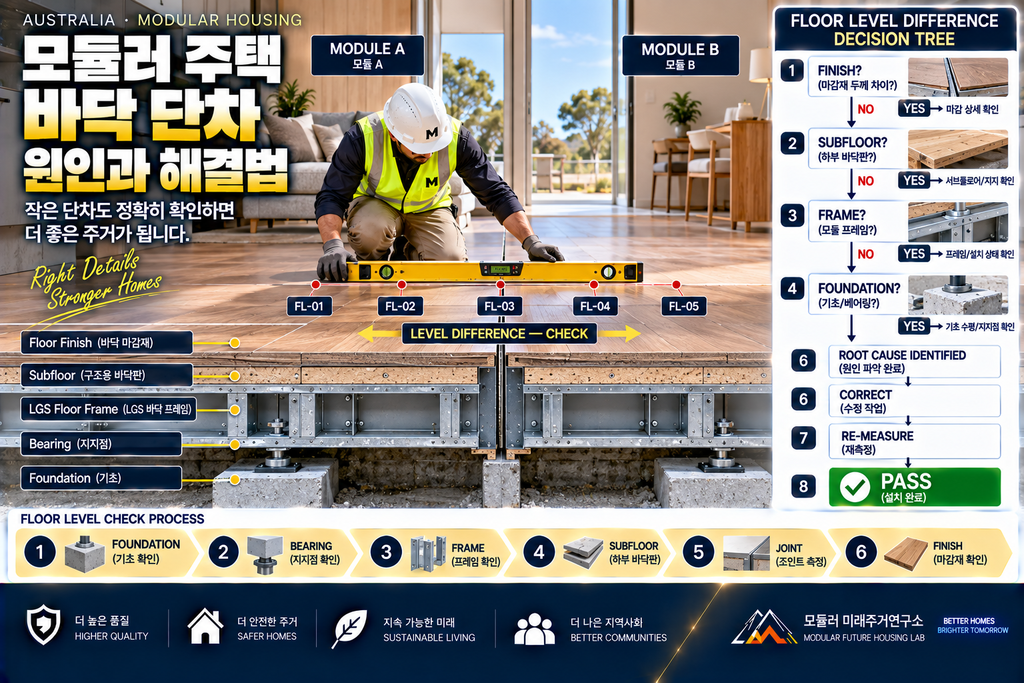 모듈러 주택 두 모듈 사이 바닥 높이가 다른 이유: Floor Level Tolerance 해결법 1 모듈러 주택 바닥 단차 Module Joint Floor Level Subfloor LGS Frame 측정