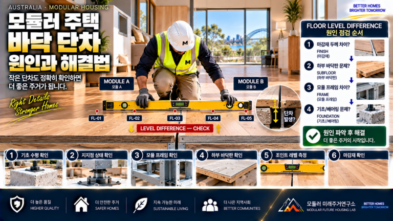 모듈러 주택 두 모듈 사이 바닥 높이가 다른 이유: Floor Level Tolerance 해결법 3 모듈러 주택 바닥 단차 점검 안내 썸네일