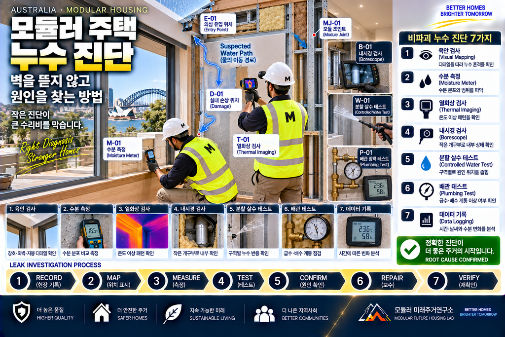 벽을 뜯지 않고 누수 원인을 찾는 방법: 모듈러 주택 비파괴 진단 7가지 1 모듈러 주택 누수 진단 열화상 수분계 Borescope Water Test 비파괴 검사