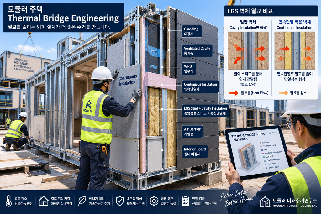 모듈러 주택 Thermal Bridge Engineering이란? LGS 열교·결로를 막는 외피 설계 1 모듈러 주택 Thermal Bridge Engineering LGS 연속단열 열교 실제 시공
