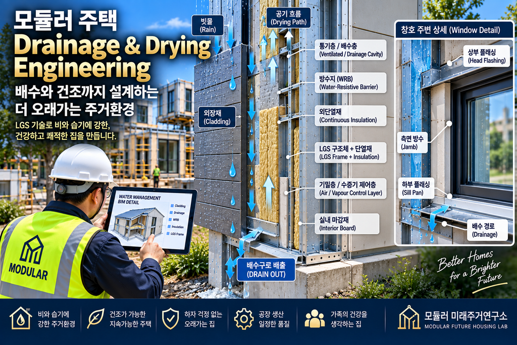 모듈러 주택 Drainage & Drying Engineering이란? LGS 배수·건조 외피 설계 1 모듈러 주택 Drainage Drying Engineering LGS 외벽 배수 건조 실제 시공