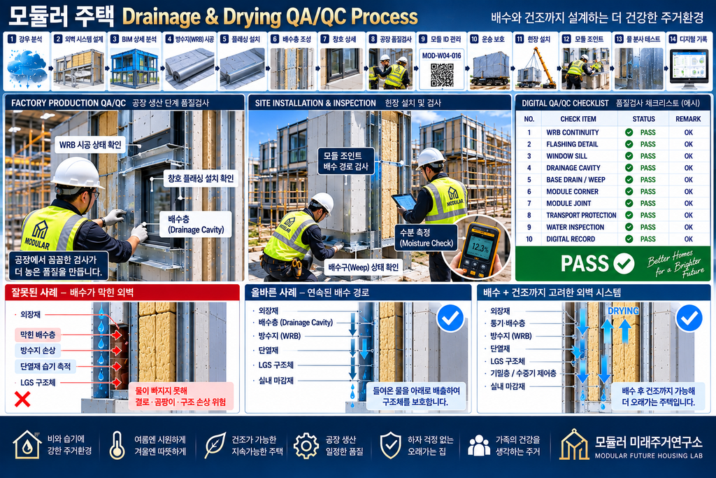 모듈러 주택 Drainage & Drying Engineering이란? LGS 배수·건조 외피 설계 2 모듈러 주택 Drainage Drying QA QC LGS 외벽 배수 건조 검사