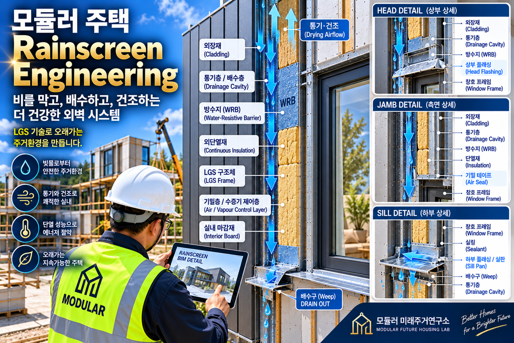 모듈러 주택 Rainscreen Engineering이란? LGS 외벽 배수·통기층 설계 1 모듈러 주택 Rainscreen Engineering LGS 외벽 배수 통기층 실제 시공