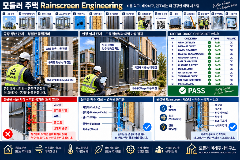 모듈러 주택 Rainscreen Engineering이란? LGS 외벽 배수·통기층 설계 2 모듈러 주택 Rainscreen QA QC LGS 외벽 배수 통기층 품질검사