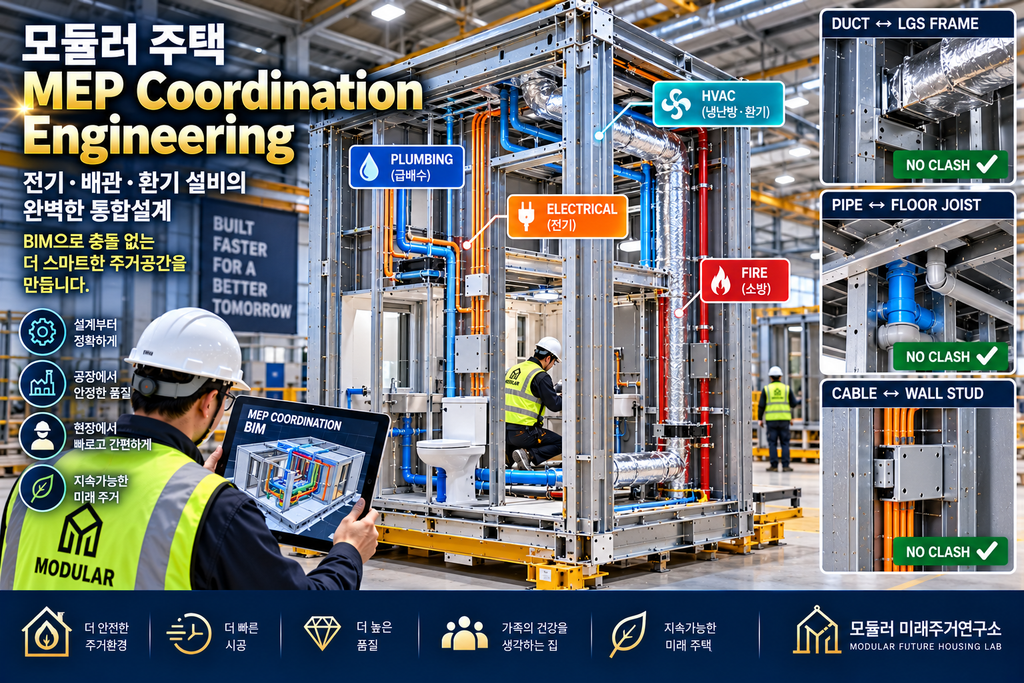 모듈러 주택 MEP Coordination Engineering이란? 전기·배관·환기 BIM 통합설계 1 모듈러 주택 MEP Coordination Engineering LGS BIM 설비 통합 공장 제작