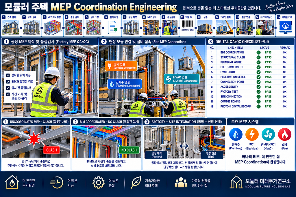 모듈러 주택 MEP Coordination Engineering이란? 전기·배관·환기 BIM 통합설계 2 모듈러 주택 MEP Coordination QA QC BIM Clash Detection 공장 현장 설비 검사