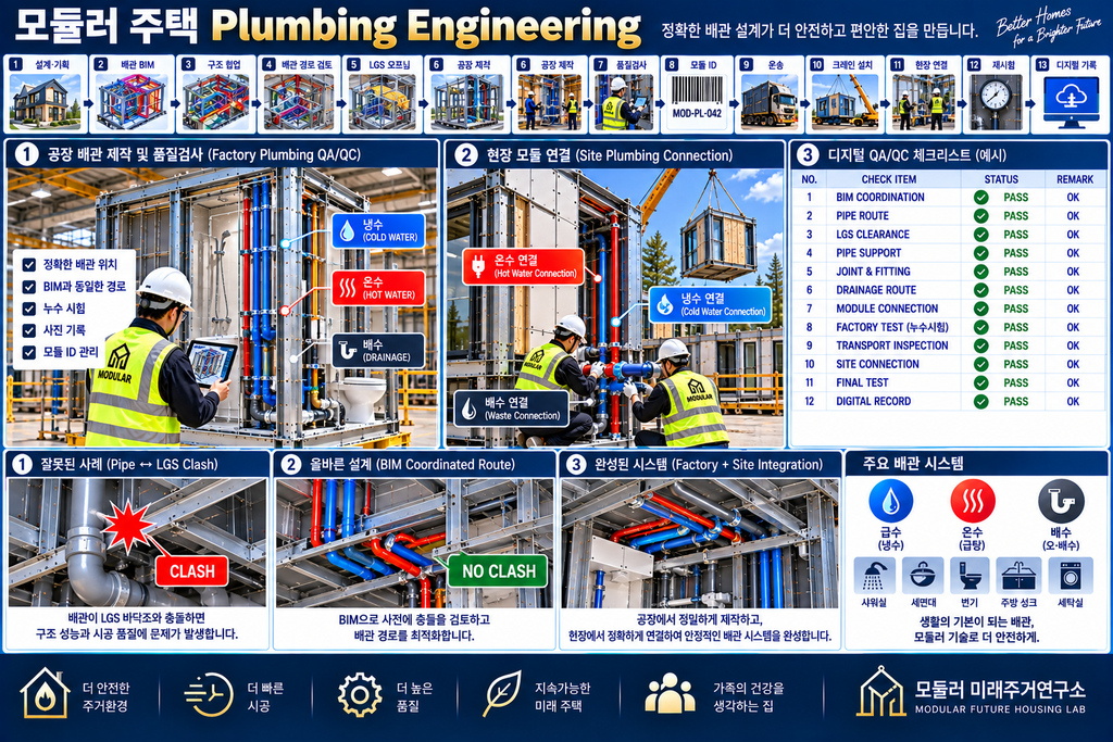 모듈러 주택 Plumbing Engineering이란? LGS 급수·배수·배관 연결 설계 2 모듈러 주택 Plumbing Engineering QA QC 급수 배수 Module Joint 검사