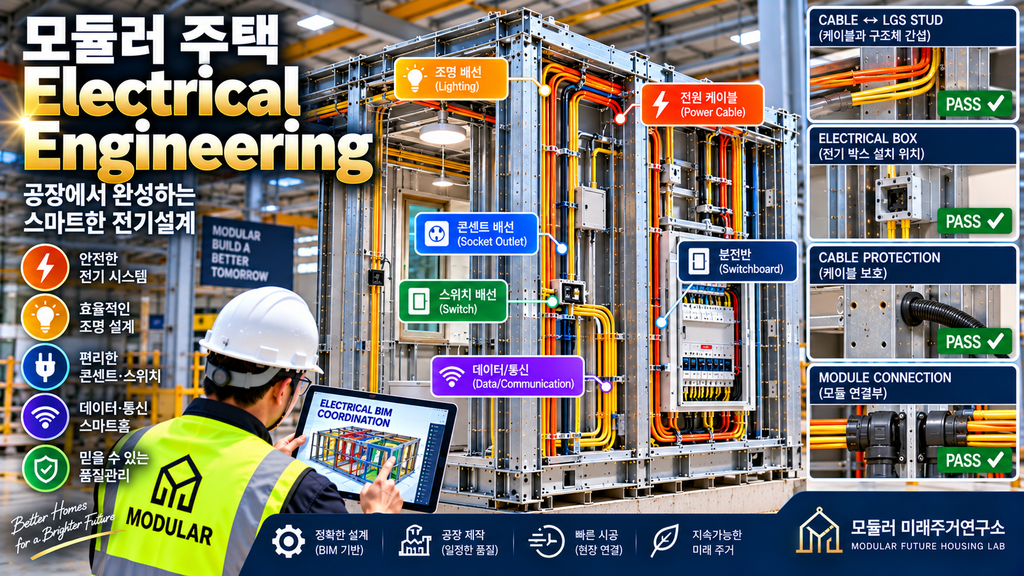 모듈러 주택 Electrical Engineering이란? LGS 공장 배선·모듈 연결 설계 1 모듈러 주택 Electrical Engineering LGS 공장 배선 전기 BIM 설계