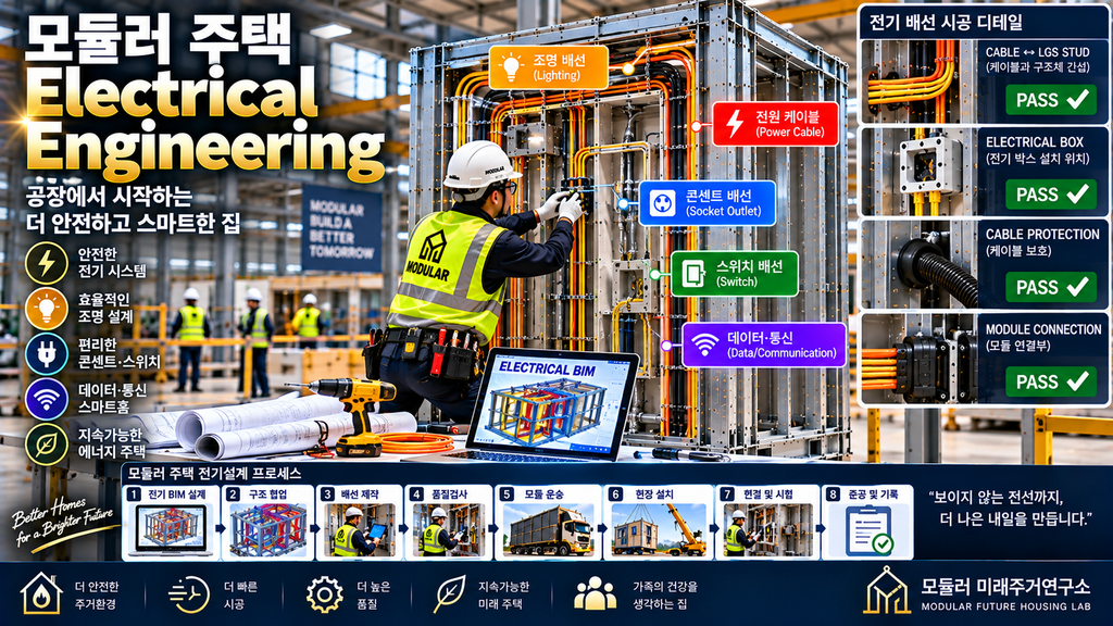 모듈러 주택 Electrical Engineering이란? LGS 공장 배선·모듈 연결 설계 2 모듈러 주택 Electrical Engineering QA QC LGS 전기 배선 Module Joint 검사