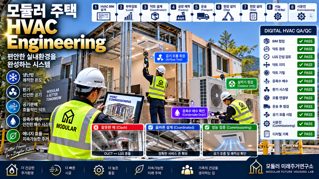 모듈러 주택 HVAC Engineering이란? LGS 냉난방·덕트·환기 설계 2 모듈러 주택 HVAC Engineering QA QC 덕트 환기 Airflow Commissioning 검사