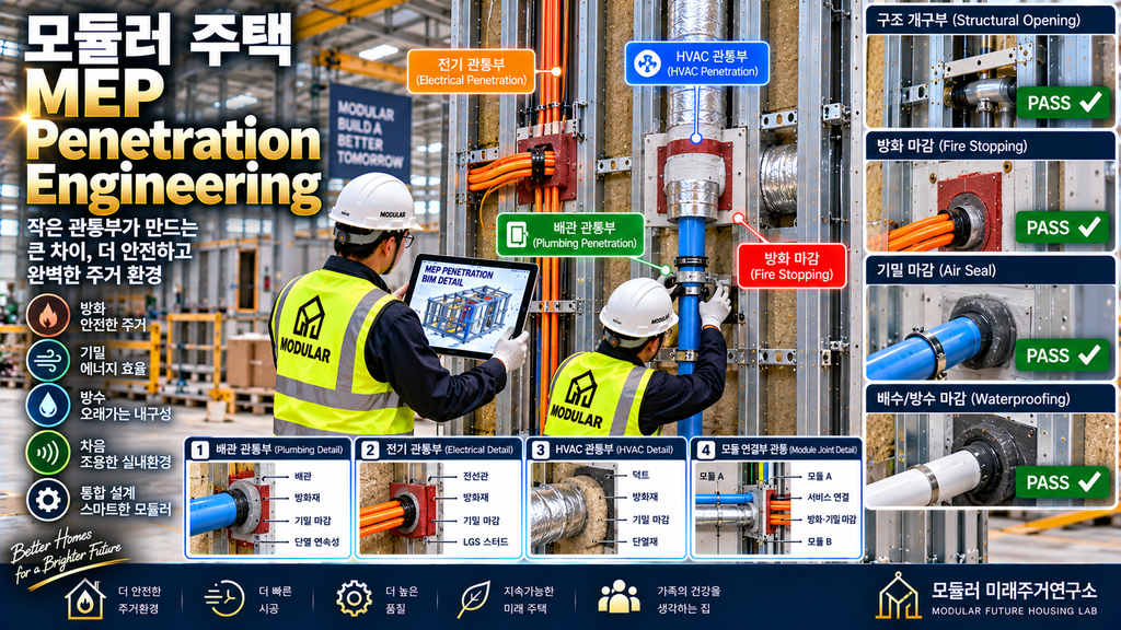 모듈러 주택 MEP Penetration Engineering이란? LGS 관통부 방화·기밀·방수 설계 1 모듈러 주택 MEP Penetration Engineering LGS 배관 전기 덕트 관통부 공장 검사