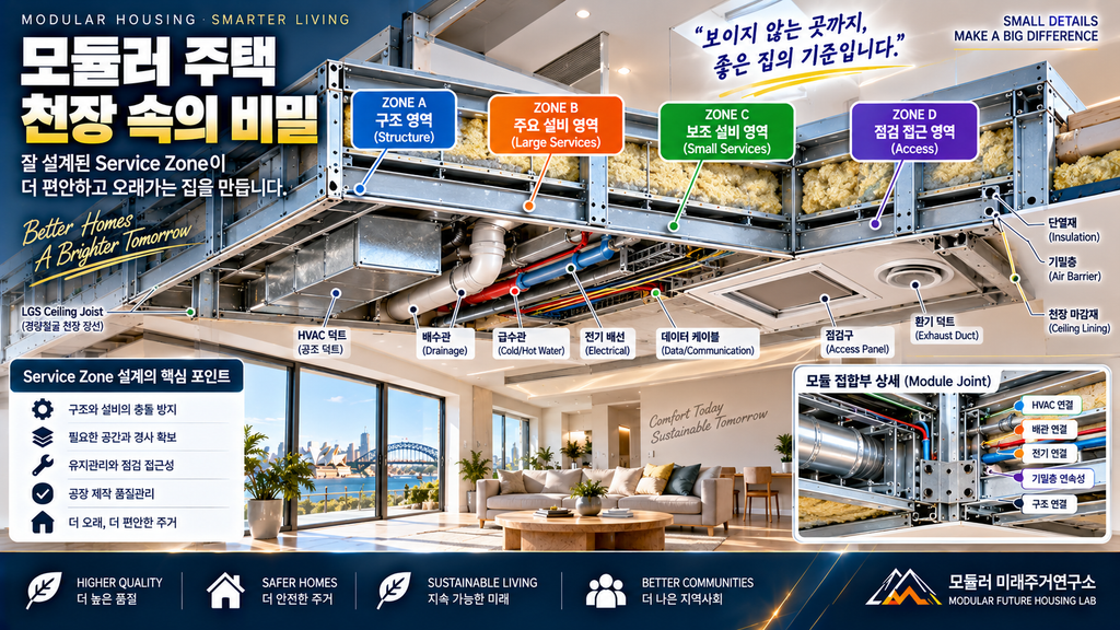 모듈러 주택 천장 속에는 무엇이 있을까? Service Zone 설계 완전 해부 1 모듈러 주택 Service Zone LGS 천장 HVAC 배관 전기 Access Panel 설계
