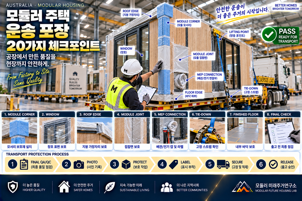 공장에서 완성된 집을 트럭에 싣기 전 무엇을 보호해야 할까? 모듈러 주택 운송 포장 20가지 1 모듈러 주택 운송 포장 창호 Module Corner MEP Lifting Point 출고 검사